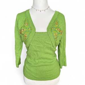Vintage Y2K Lime Green Beaded Knit Bolero Top, 3/4 Sleeve